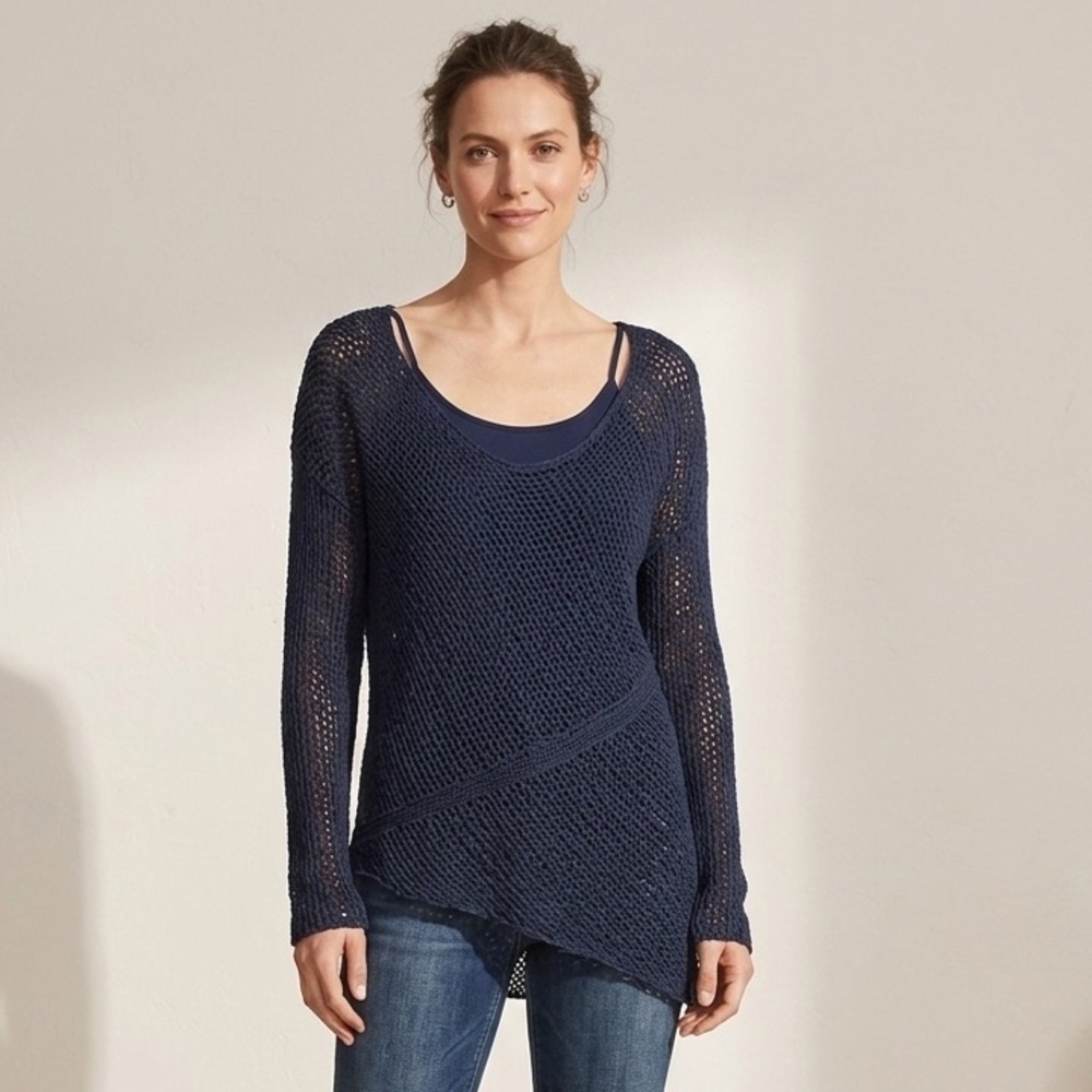 Vince | Navy Blue Bias Open Knit Asymmetrical Scoop Neck Sweater | Sz M